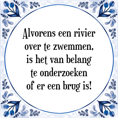 Alvorens een rivier over te zwemmen, is het van belang te onderzoeken of er een brug is! - Tegeltje met Spreuk