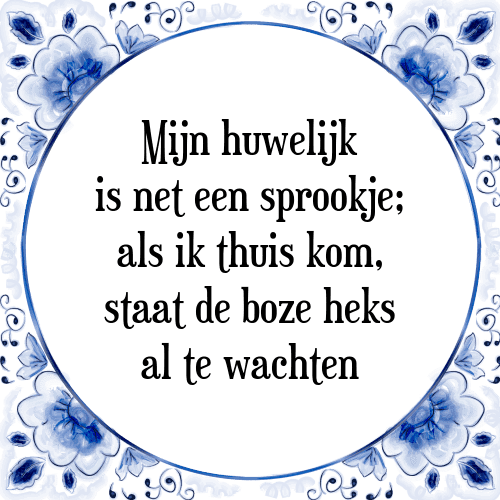 Mijn huwelijk is net een sprookje; als ik thuis kom, staat de boze heks al te wachten - Tegeltje met Spreuk